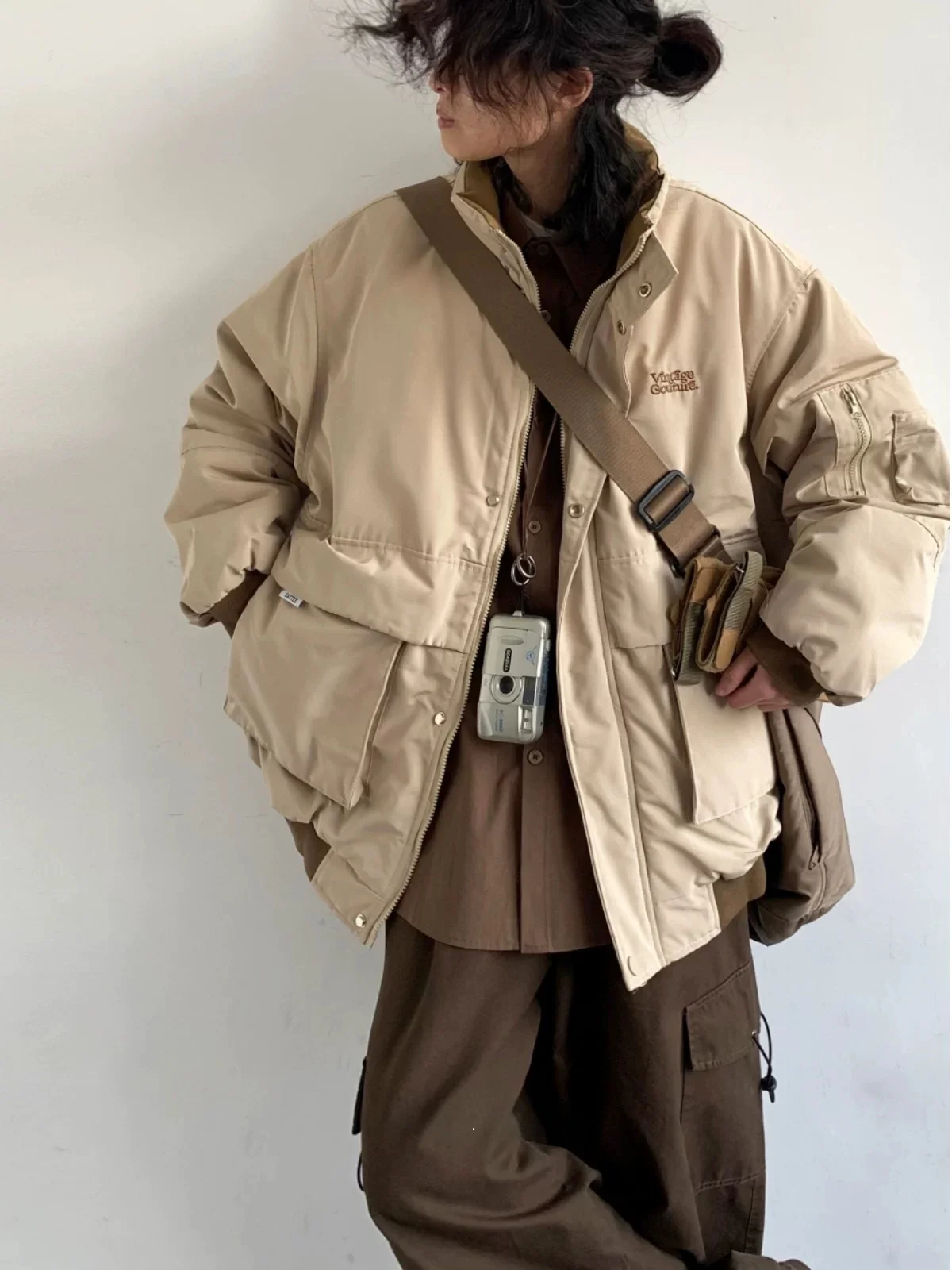 

Retro Japanese Workwear Cotton Jaet Thiened Loose Fit with Big kets ex Autumn Winter Warm Long Sve Stand Collar