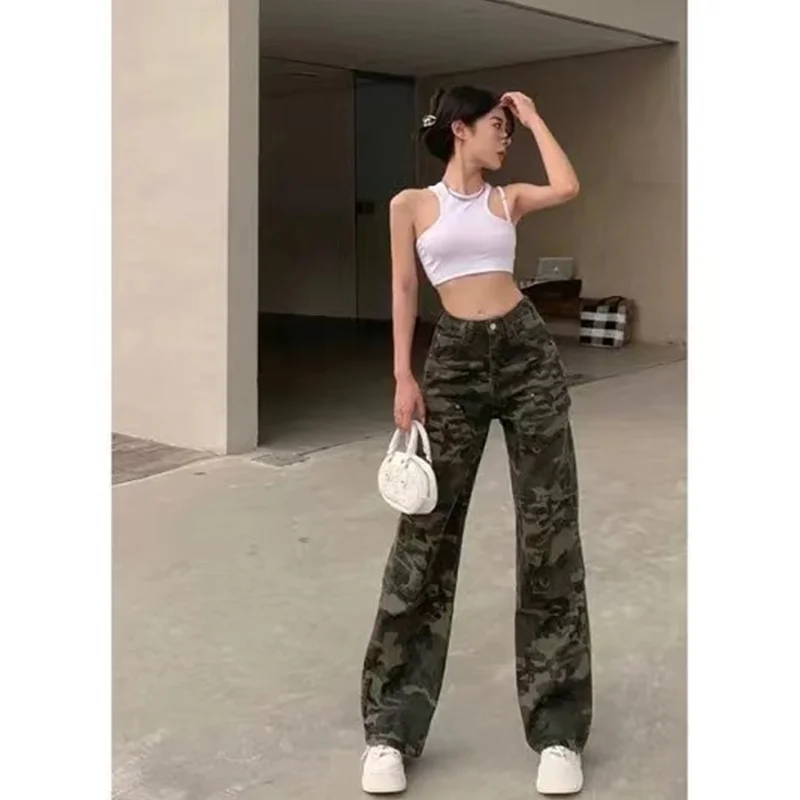 

Women Jeans High Waist Fashion American Vintage Streetwear Military Green Wide Leg Jean Female Denim Trouser Baggy Denim Pants