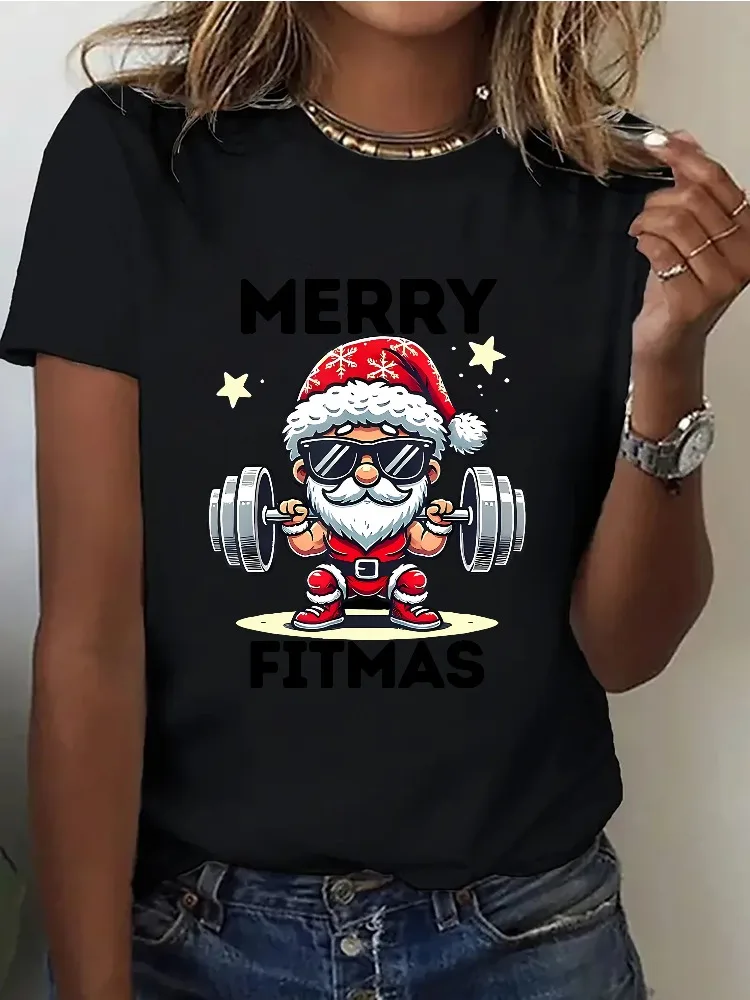 Women's Fashionable Christmas Sportswear Hard-Working Santa Claus Festive Christmas Gifts Short-Sleeved T-Shirt Plus Size