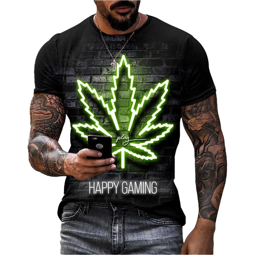 Creative Hemp Leaf 3D Print Sports Men Women Loose Round-neck T-shirts Casual Unique Trendy Streetwear for Parents and Children.