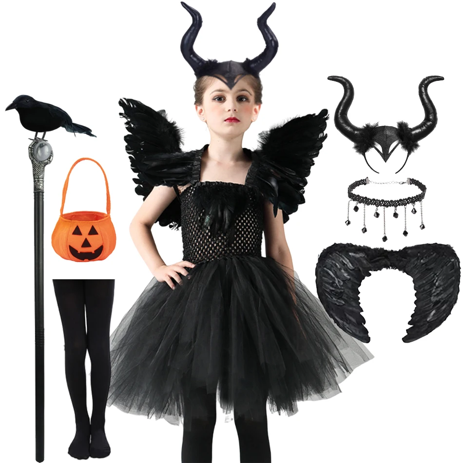 

Girls Halloween Black Swan Dress Angel Demons Tutu Dress Girls Cosplay Maleficent Dark Queen Costumes Clothes Outfit 2-12Y