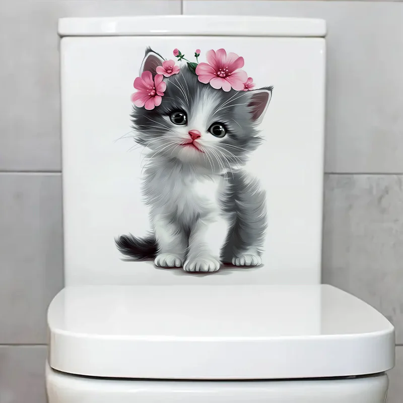 1 قطعة هريرة الوردي الزهور ملصق فينيل الحمام ملصق مائي لغطاء المرحاض الثلاجة عطلة ديكور القط الحمام ديكور غطاء المرحاض الديكور #5