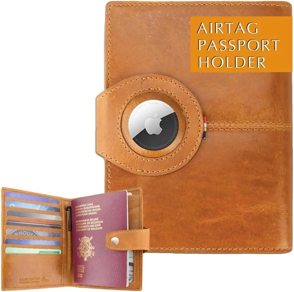 

Кожаный чехол для паспорта с защитой от RFID, слотом для AirTag, окошком для ID и отделением для 7 карт, аксессуар для путешествий