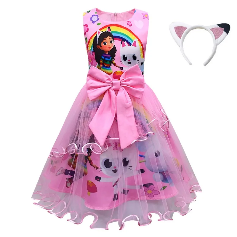 Girls Dress Summer New Short Sleeve gabby\'s dollhouse Princess Gabby Cat Mesh Tutu Skirt Children\'s Birthday Party Cosplay Dress