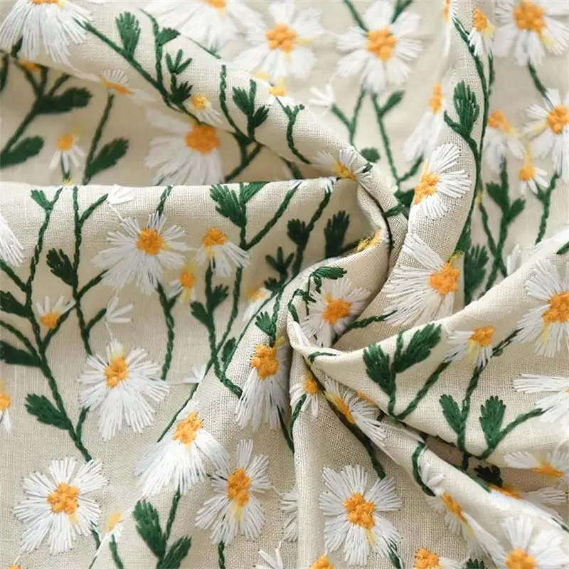 Daisy Cotton Linen Embroidered Fabric Handmade Dress Bag Sewing Home Tablecloth Cushion Decorative Fabric