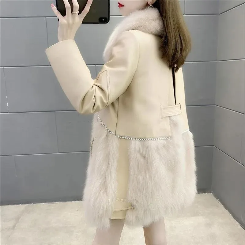 2023 Winter New Women Faux Fox Fur Coat Fashion Casual Mid length version Warm Outcoat Female temperament solid color outwear