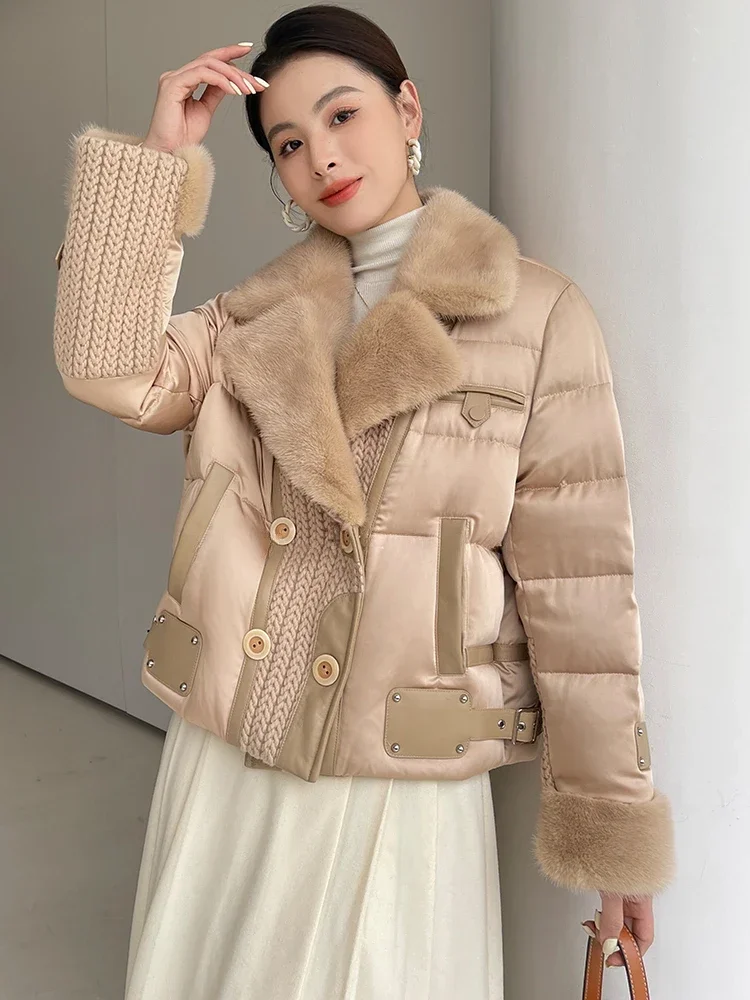 

Real Mink Fur Down Jacket for Women Winter 2024 New High Quality Knitted Patchwork Double-breasted Warm White Goose Down Coat