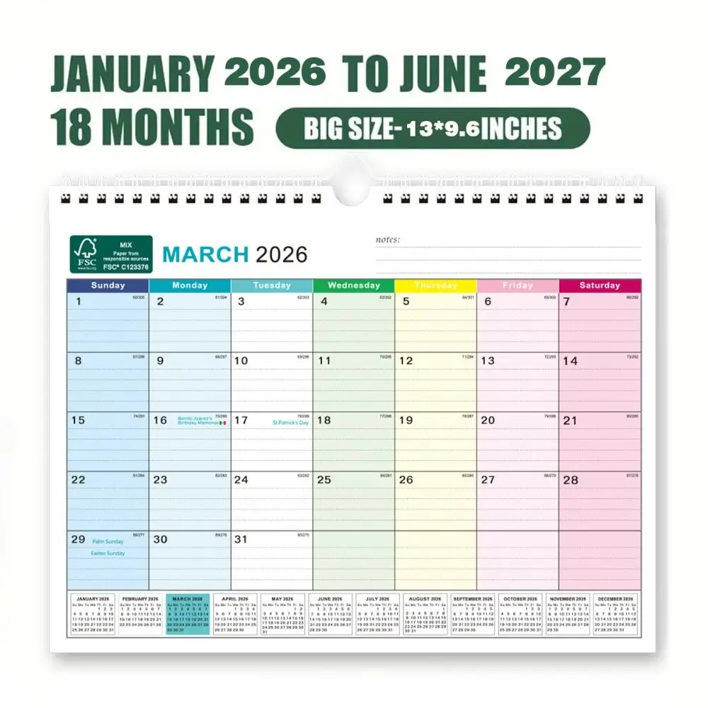 

Джа. 2026 - Июнь. Английский календарь на 2027, толстая бумага, праздничный настенный календарь с маркировкой и крючком, подвесной календарь для ежедневного учебы, офиса