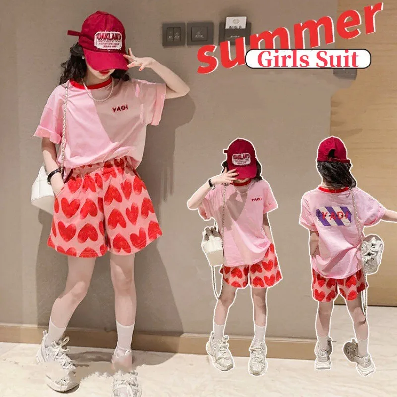 Summer Girls Cotton Pink Alphabet Printed T-Shirt Tops+Sweet Shorts Pant Sets School Kids 2PCS Tracksuit Children Outfits