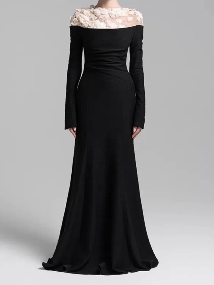 DFDG Vestido largo con textura y apliques florales de diseñador para mujer, elegante vestido de fiesta de Boutique con cintura adelgazante para noche, primavera y otoño, 2025