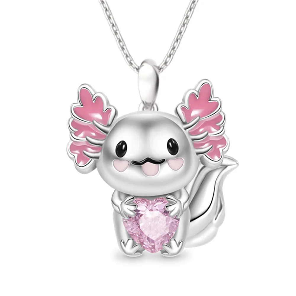 Girls Fashion Cartoon Embrace Pink Love Black Eyed Salamander Little Dragon Man Women\'s Necklace Pendant Birthday Gift Jewelry