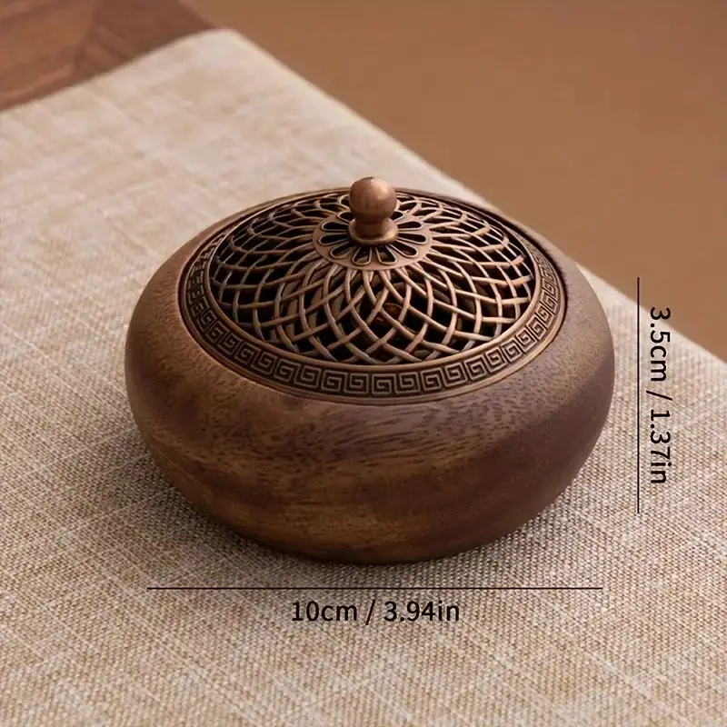 Solid Wood Round Incense Burner, Incense Bowl with Metal Incense Holder for Sandalwood Incense, Sage Cone and Frankincense