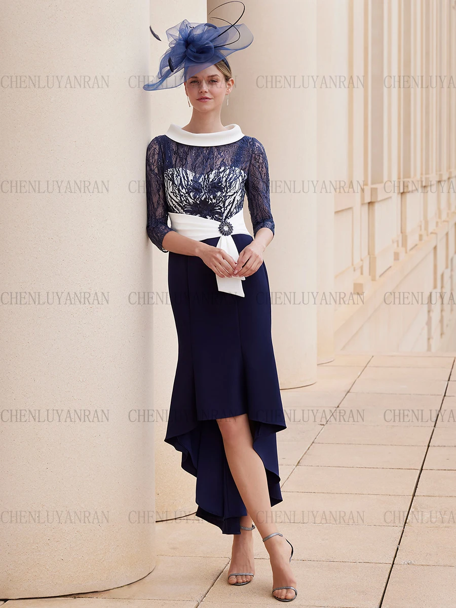

Navy Blue Satin Mother of the Bride Dresses 2023 Lace Sheath Wedding Guest Gowns Hi-Lo Special Dress Women For Wedding Party