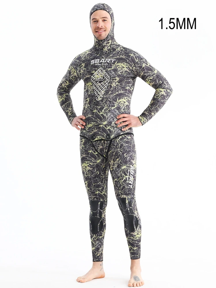 1.5MM Neoprene Two Pieces Camo Underwater Hunting Spearfishing Diving Suit With Hooded Scuba Keep Warm Snorkeling Swim WetSuit