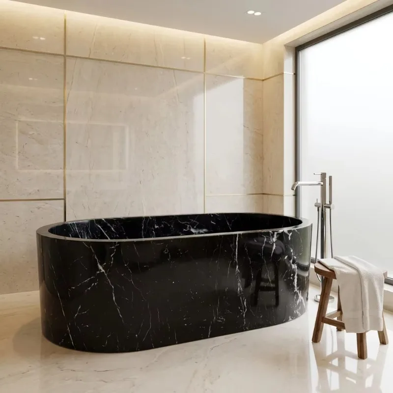 Luxury Black Natural Stone Freestanding Marble Soaking Tub For Hotel Bathroom