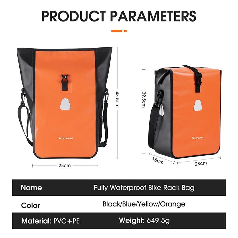 WEST BIKING Bicycle Rear Side Bag Fully Waterproof PVC Pannier Expandable 12-15L Bike Carrier Bag Quick Release MTB Shoulder Bag