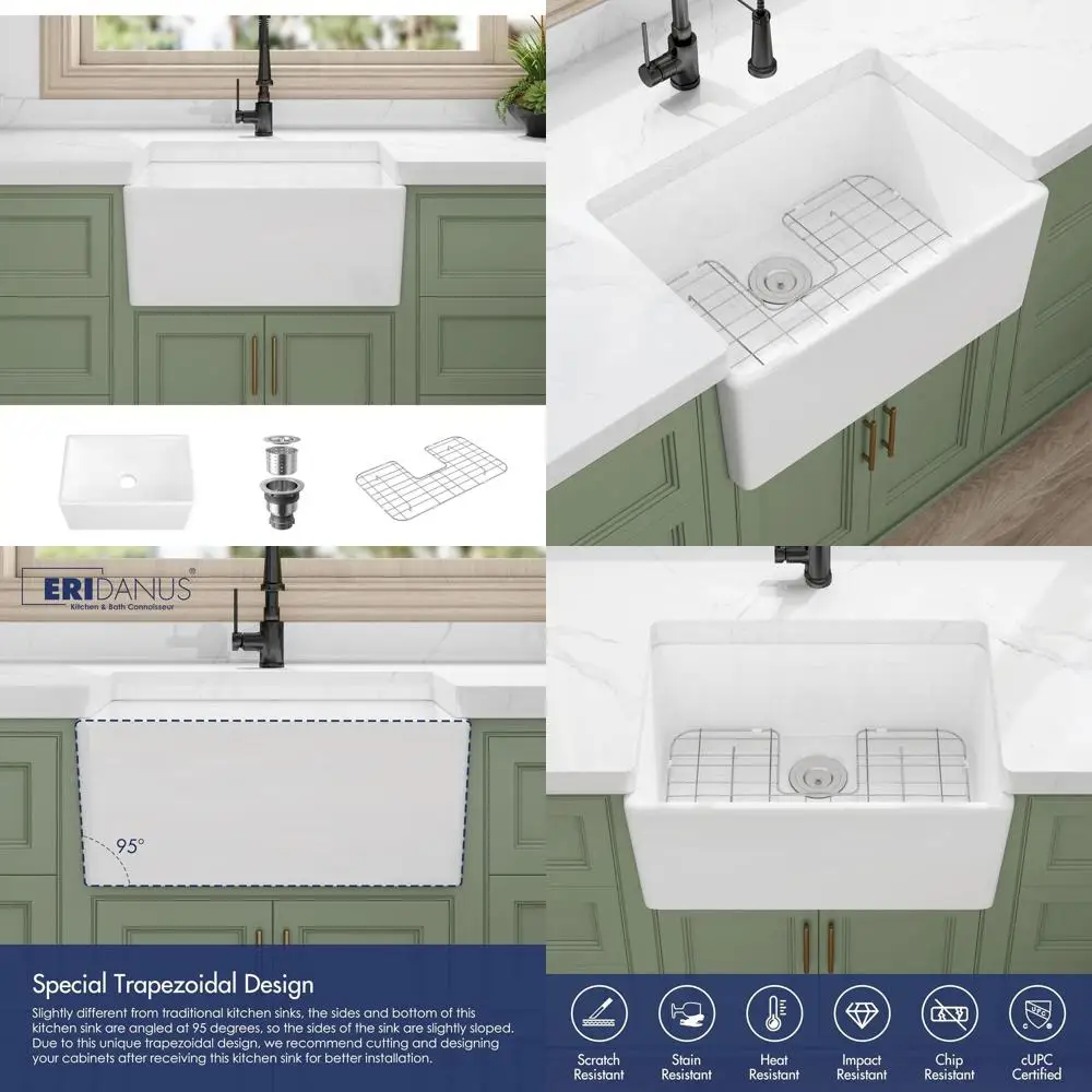

24 x 16 White Single Bowl Kitchen Apron Sink with Grid and Strainer Drain