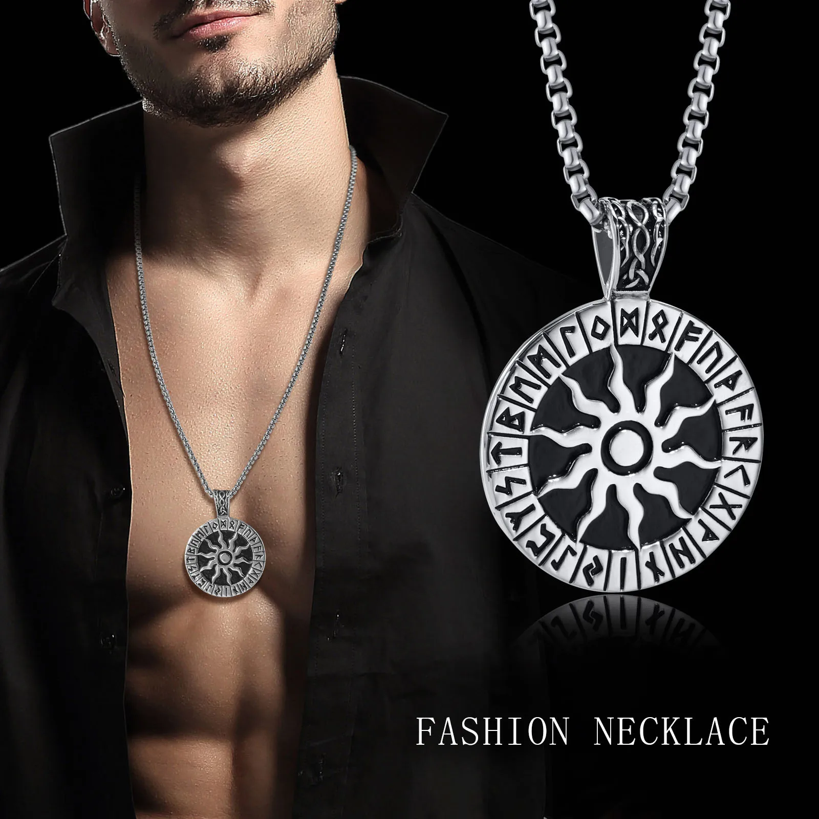 Vnox Viking Rune Necklaces for Men, Stainless Steel Carved Sun Nordic Letters Pendant with Box Chain, Protection Amulet Jewelry