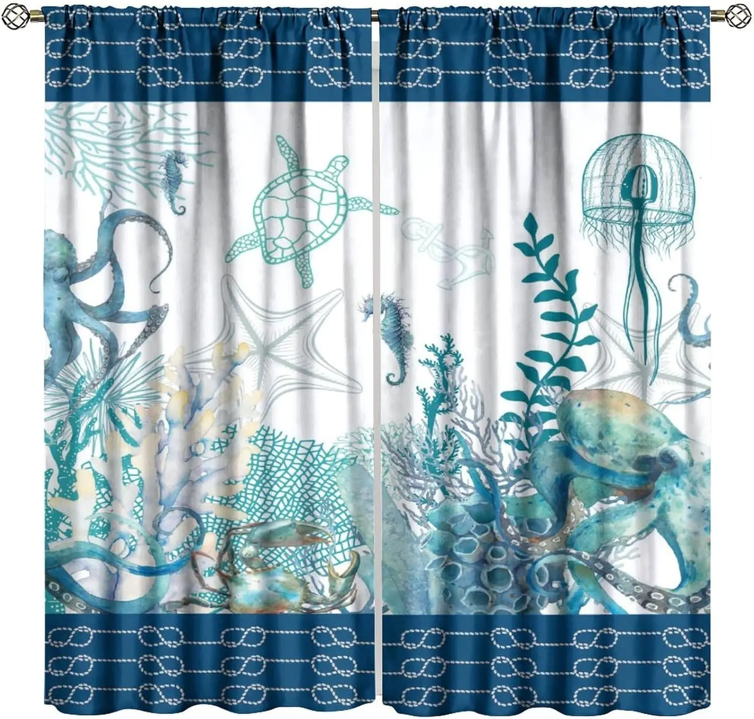 Ocean Themed Curtains,Blue Watercolor Hand-Painted Sea Animals Seahorse Octopus Sea Turtle Jellyfish Print Rod Pocket Window