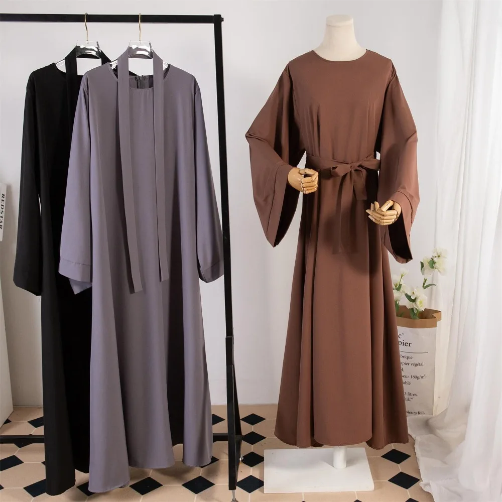 Muslim Abayas With Belt Loose Kaftans Prayer Dress Women Jilbabs Full Sleeve Islamic Clothing Dubai Robe Lace Up Long Dresses