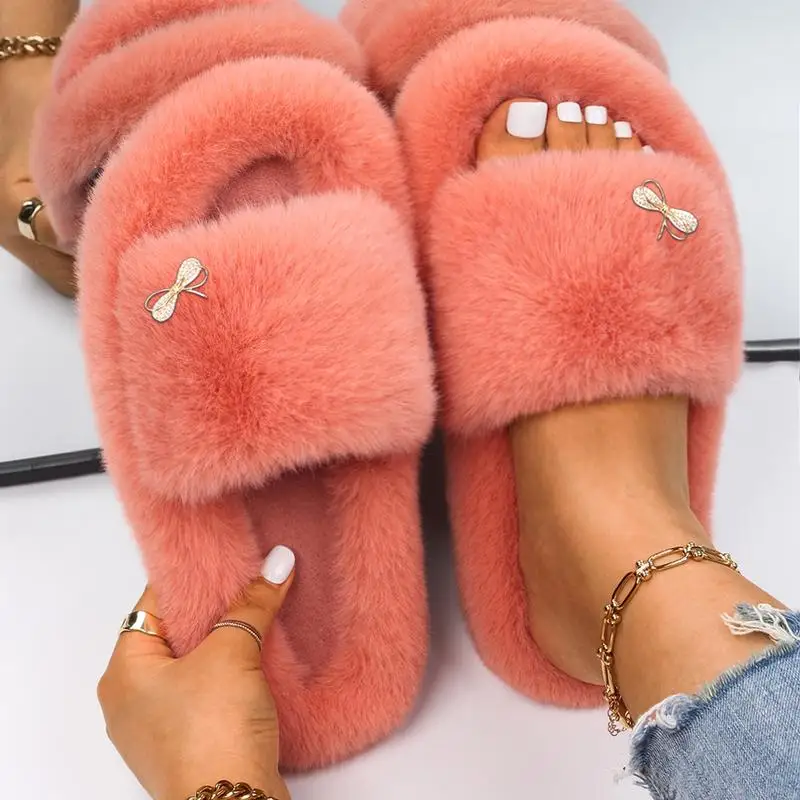 Fluffy Fur Women Slippers Alloy Hollow Bowknot Decor Female Cotton Flats Slides Comfortable Indoor Footwear Soft Flip Flops