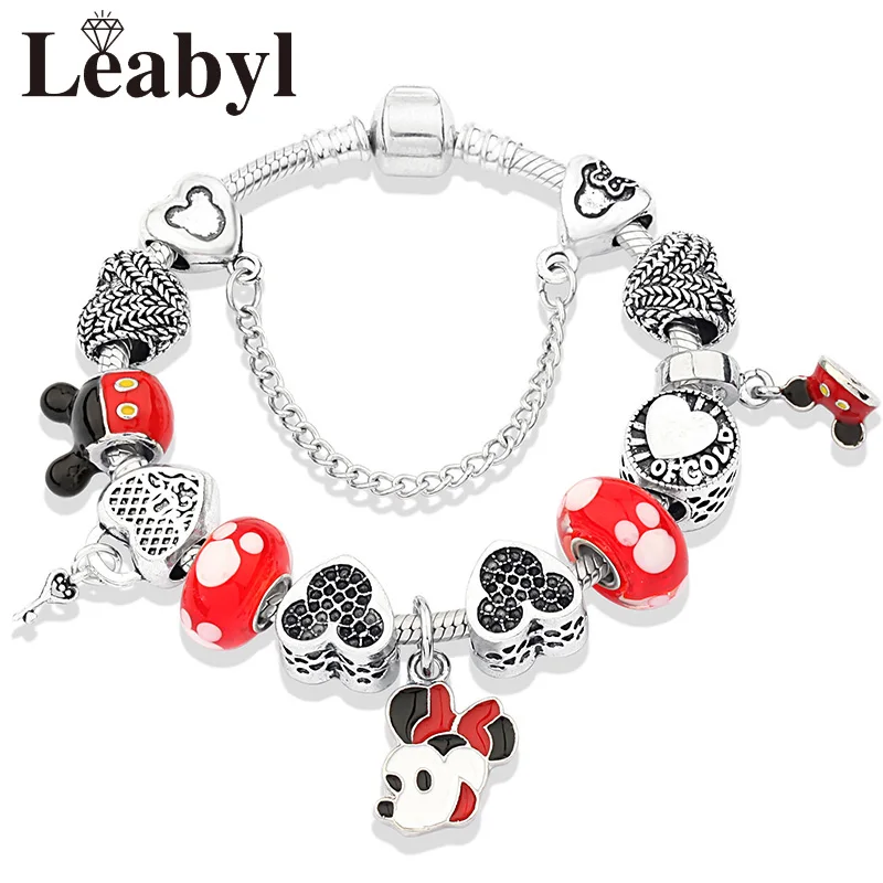 Mix Style Cartoon Disney Mickey Minnie Charm Bracelet Red Crystal Beaded Jewelry Antique Silver Color Heart DIY Bracelet