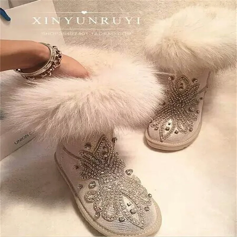 Handmade custom natural fox hair luxury rhinrhinide accessories women's mid-tube large size fur one waterproof snow boots 35-44