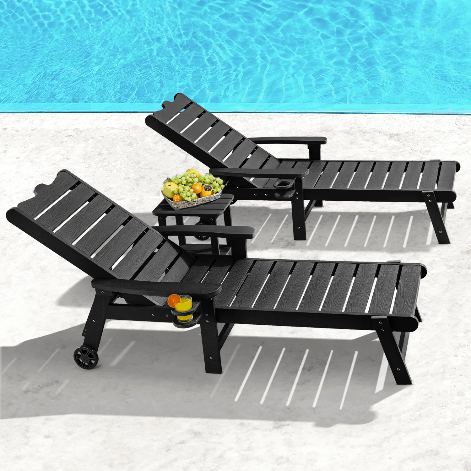 Sun Loungers Patio Lounge Chairs Outdoor Pool Chaise Lounge with CupHolder 5-Level Adjustable Backrest All-Weather Chair