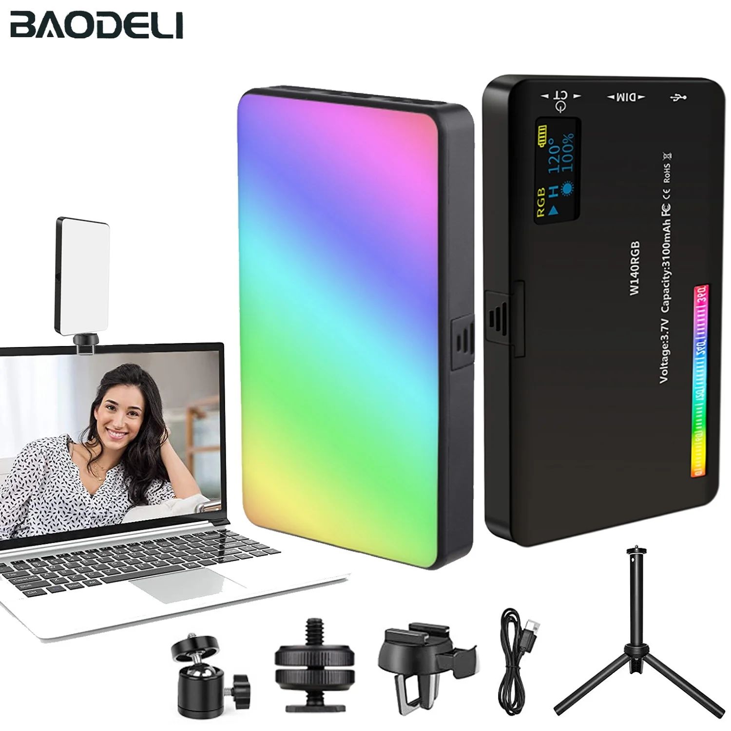 BAODELI LED RGB Video Light With Display Screen Mini Fill Camera Light Selfie Lighting Rechargeable 3100mAh Dimmable 2500-9000K