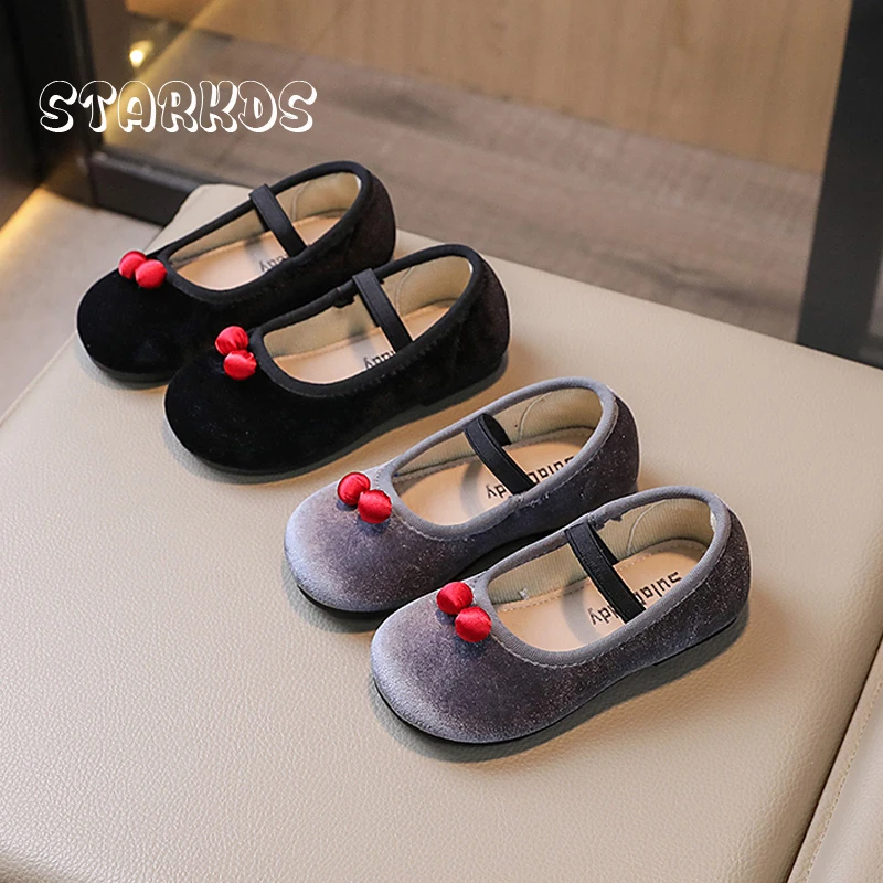 Cute Cherry Ornament Velvet Shoes Baby Girls Vintage Grey Velour Ballet Flats Child Round Toe Elastic Band Ballerina Zapatos