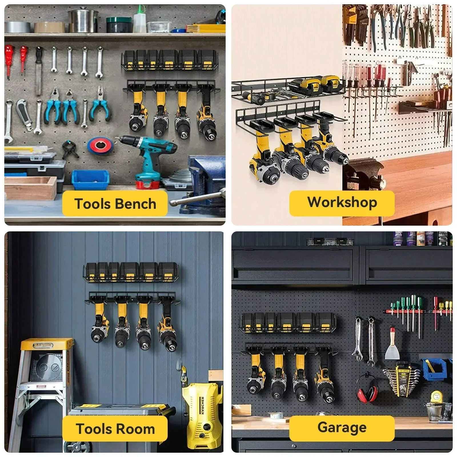 Power Tool Organizer, 2 Layers Storage Rack, 4 Drill Holders, Garage Storage Shelving Wall Mounted