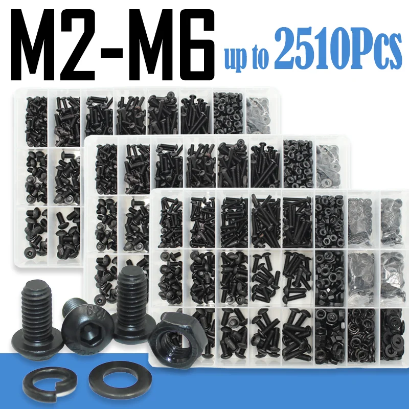 2510p Zestaw śrub z łbem sześciokątnym M2 M2.5 M3 M4 M5 M6 Czarne śruby imbusowe klasy 10.9 Śruby z nakrętkami Podkładka ISO7380