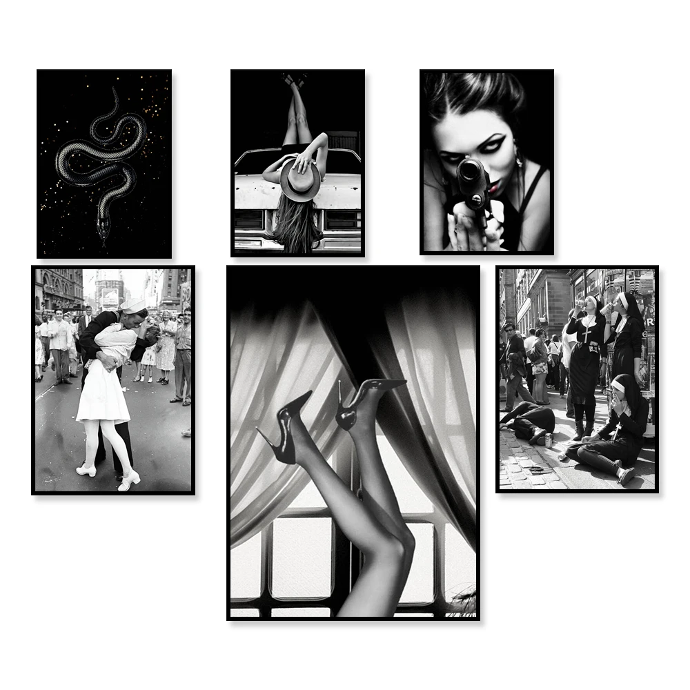 Rebel nun drinking and smoking print, fashion snake, woman with gun, vintage car high heels fashion black and white poster