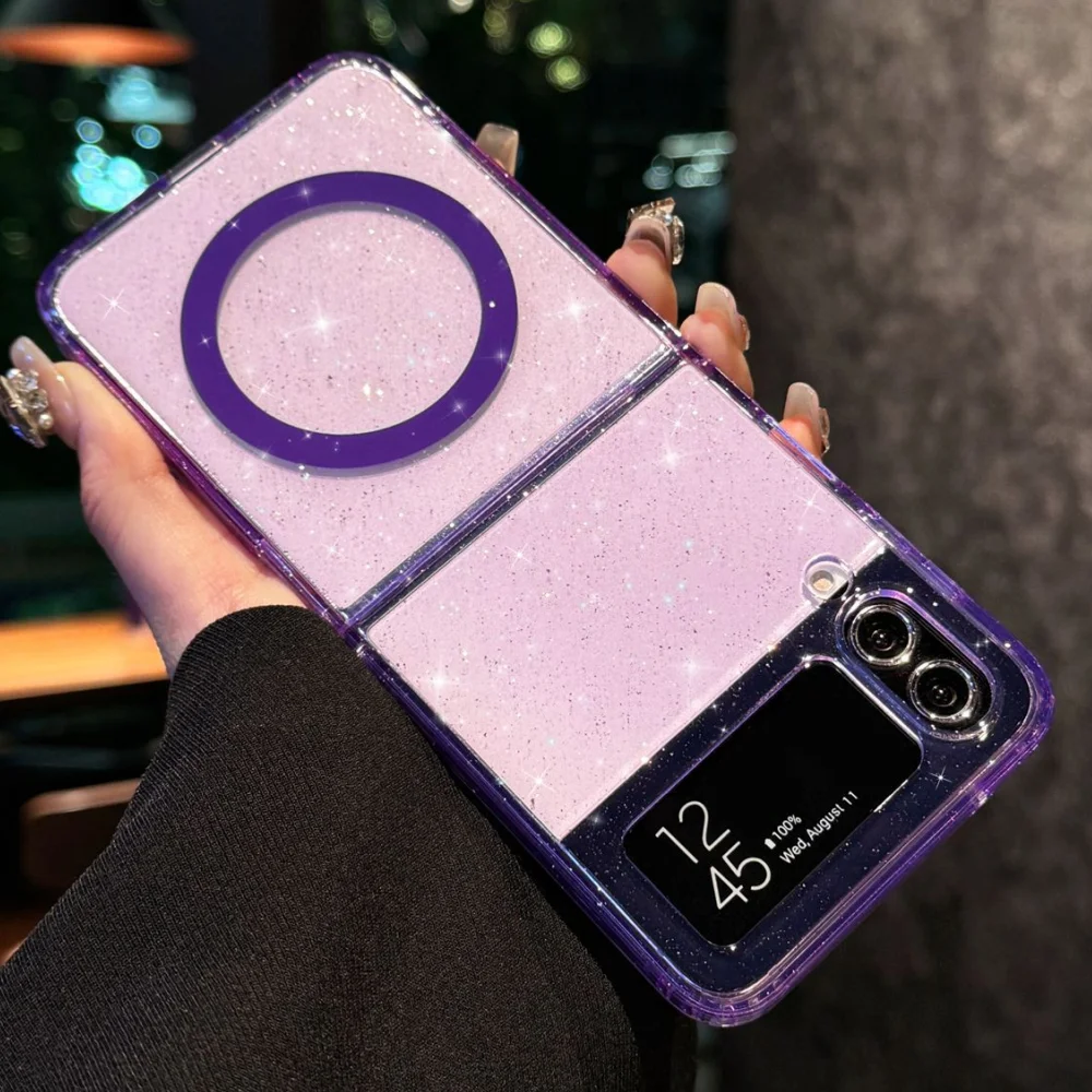 Funda Z Flip 7 con purpurina transparente de carga inalámbrica Magsafe Funda para Samsung Galaxy Z Flip 7 6 5 4 3 Funda transparente Flip7fe