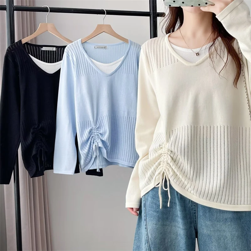 

2026 Spring Autumn New Style Hollow Drawn Long Sleeve Knitted Shirt Fake Two Piece Women's Pullover Round Neck Solid Knitwear