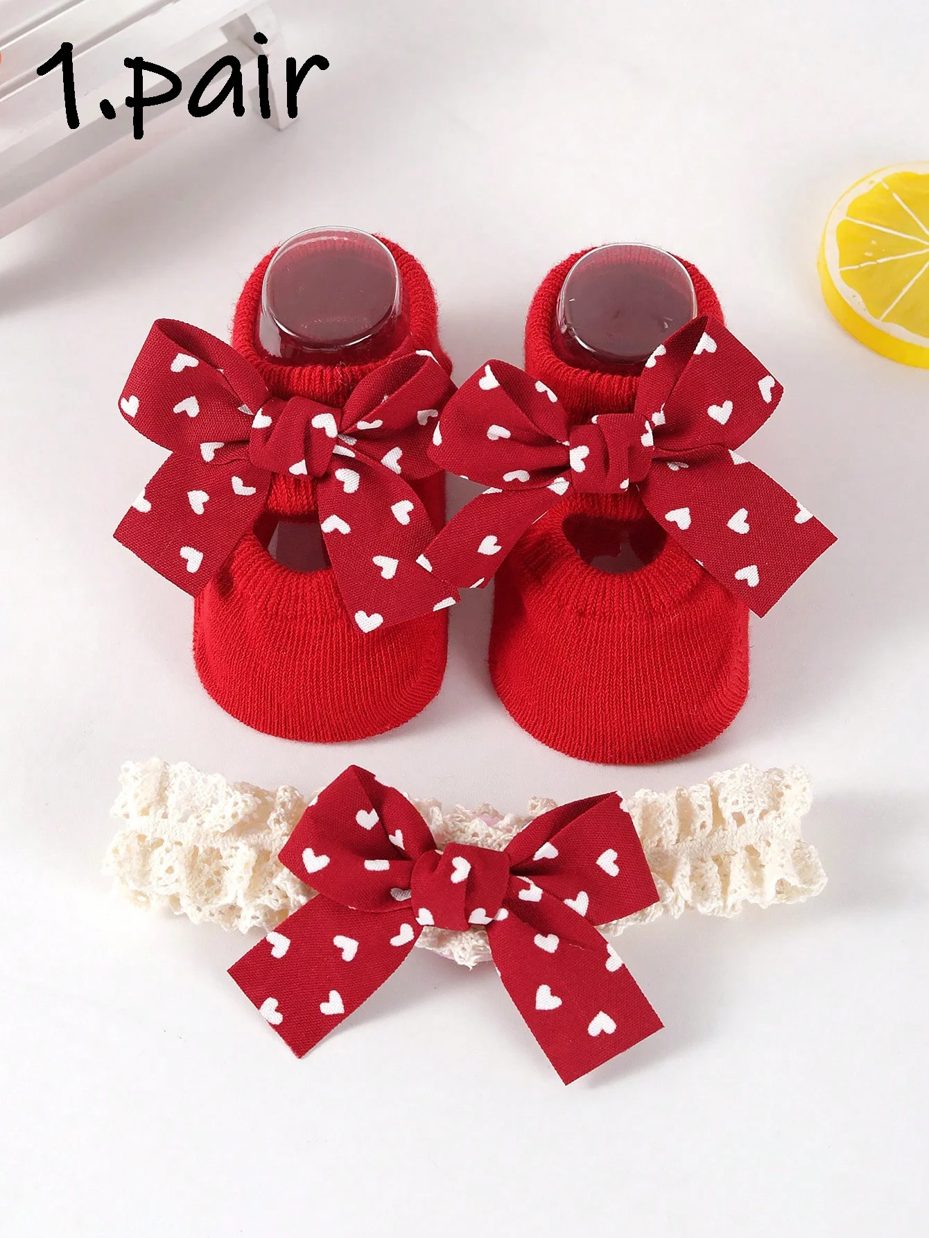 1 Pair of Girls' Red Cotton Short Socks & 1 Piece Princess Hairband for Baby Girls Aged 0-12 Months for First Birthday Photoshoot