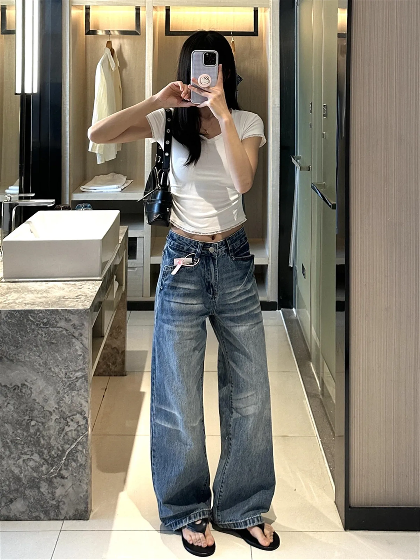 

Джинсы прямого кроя в американском винтажном стиле с низкой талией для женщин, весна-лето, свободные, стройнящие, широкие брюки для модниц