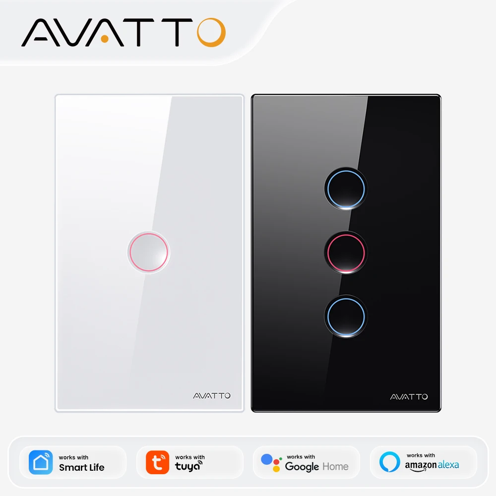 Interruptor de Luz Inteligente AVATTO WiFi 1/2/3/4 Gangue, Interruptor de Toque com Botão Ranhurado, Suporte Remoto Sem Fio para Tuya, Alexa, Google Home