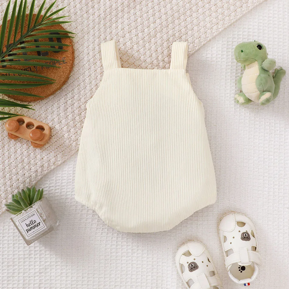 Infant Unisex Green Corduroy Strap Romper with Cute Turtle Towel Embroidery Soft and Adorable for Daily Use Bodysuits