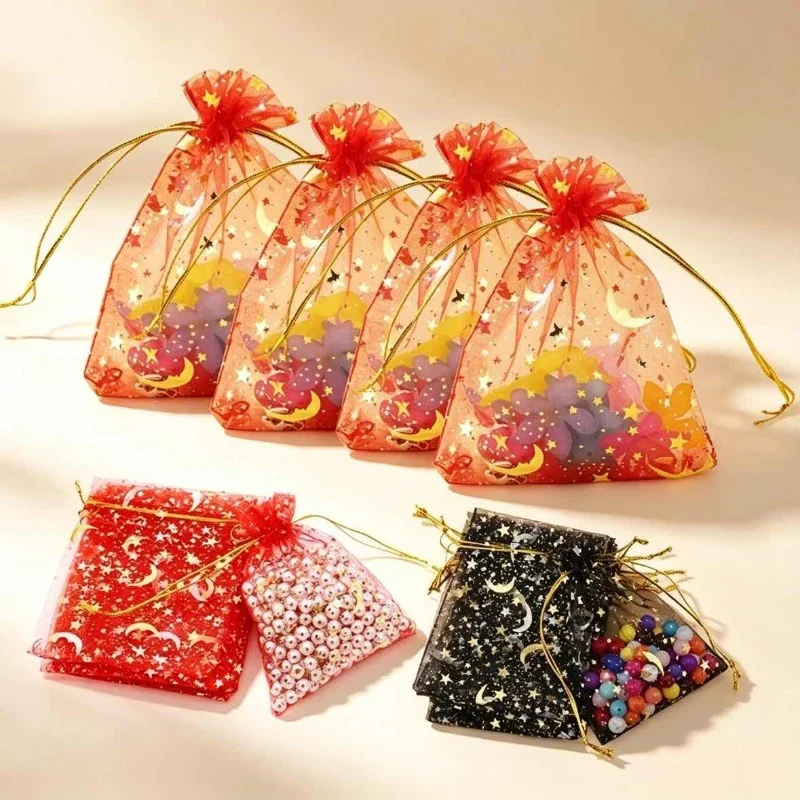 50/100PCS Moon Stars Drawstring Organza Bags Jewelry Gift Bags Pouches Gold Star Organza Favor Pouches for Christmas Wedding