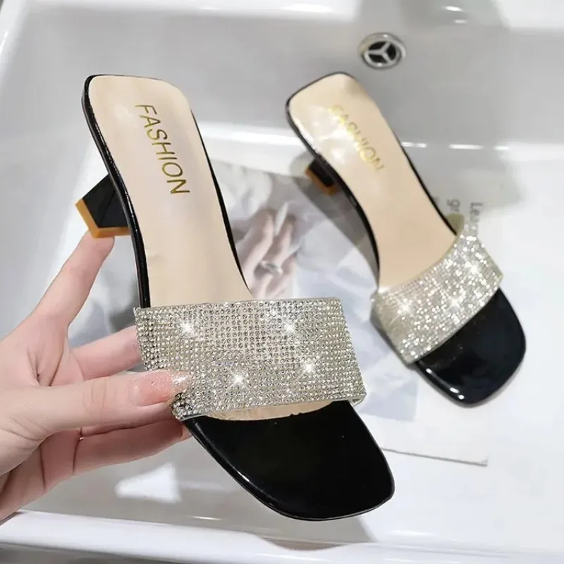 

2024 New Bright Diamond Sandals Open Toe High Heels Women Slippers Sandalia Feminina Party Dress Shoes Sandals Women Size 35-42