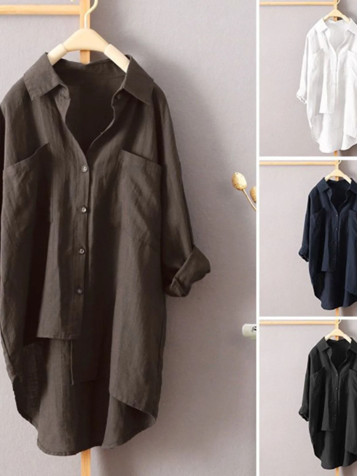

Design Sensation Cotton Linen Long Sleeve Shirt for Women Medium Length Outfit Casual Loose Fit Spring Season Pure Color