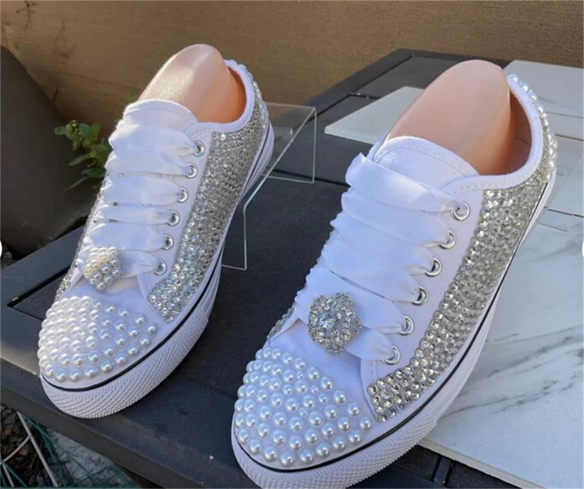 Large size low help pearl rhinestones wedding shoes custom heavy industry lace-up canvas shoes casual women\'s shoes 35-46