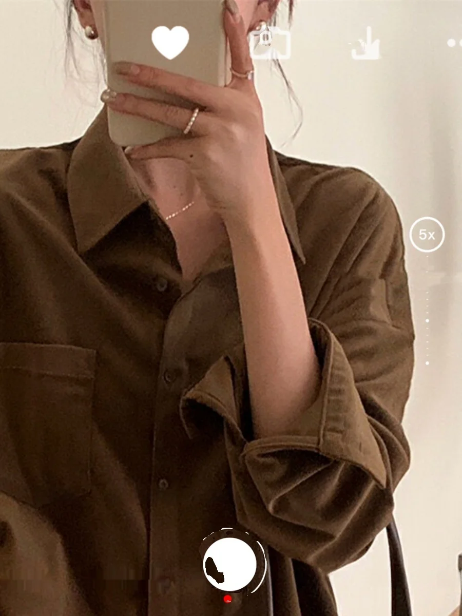 Waed Wildleder Commuter irt Classic Herbst Winter Loose Fit ket Detail Straight Cut Long Sve Collar Pure Color