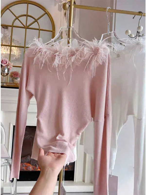 

Spring 2026 Pure Desire One-oulder Feathers Bead Knitted Loose Batwing Sve Pullover Women's Faion Commute Sle Knitwear