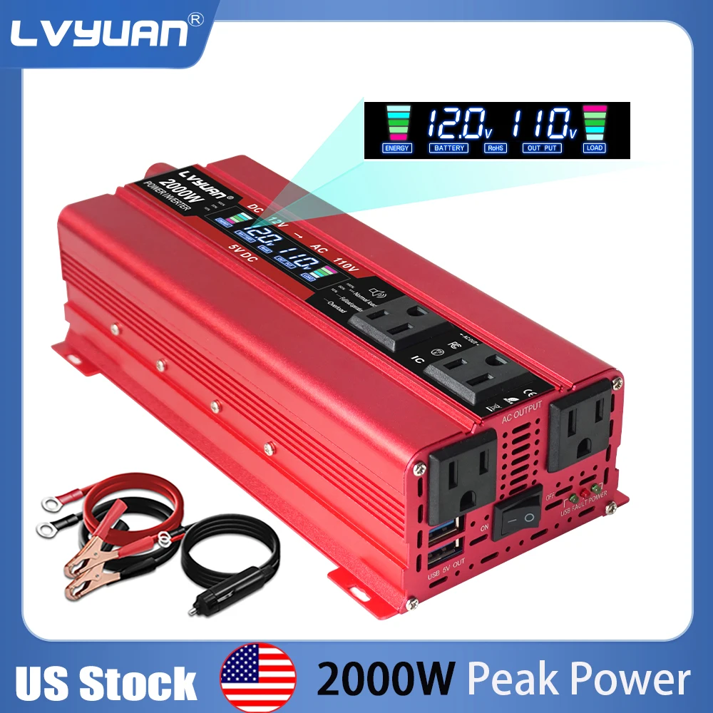 

2000W inversor 12v para 110v 60HZ Converter Voltage Multiple US Socket LCD Display Fast Charge Car Power Inverter