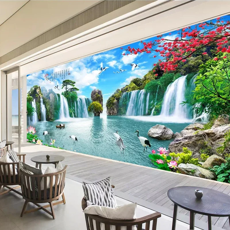 Chinese Style Mountain Water Landscape Large Murals Waterfall Custom 3D Photo Wallpaper For Living Room TV Background Wall Mural