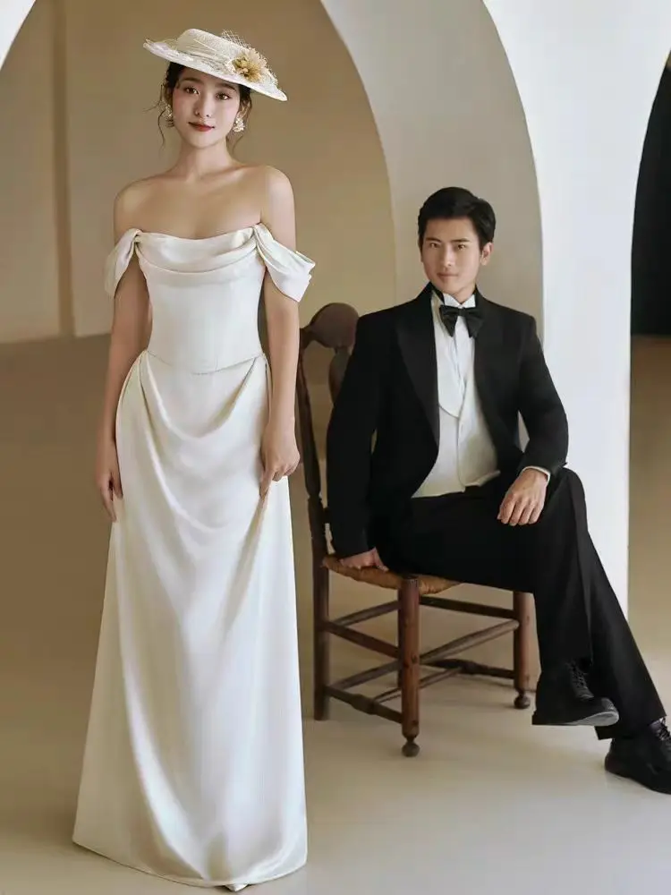 

Light Satin Fi Tail Wedding Dr One oulder Simple Ele Outing Dr Luxury Sensation Guest eeting Ceremony