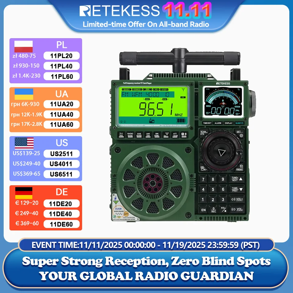 

Retekess TR113 Портативный радиоприемник,приемник fm радио,радиоприемник цифровой,FM MW SW LW WB AIR CB SSB радиоприемник все волны,Перезаряжаемая приемник любительского радио,Бесплатная антенна,Bluetooth-радио
