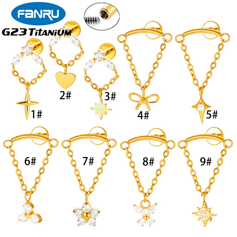 1PC G23 Titanium Internally Threaded Hidden Helix Chain Earring 16G Flower CZ Dangle Cartilage Tragus Stud Body Piercing Jewelry